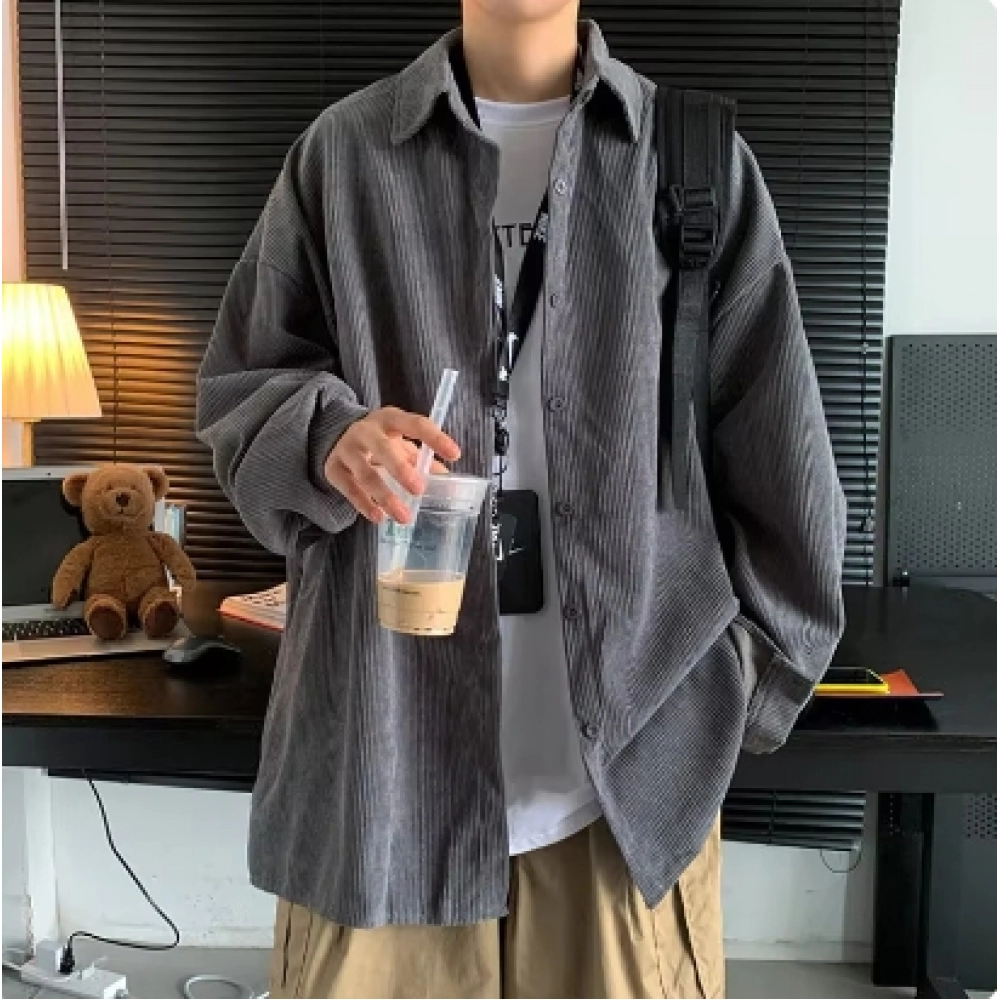 Trendy Grey Long Sleeve Corduroy Jacket For Men Casual Loose-fit Vintage Shirt Korean Style Fashion Clothing Trendy Grey Long Sleeve Corduroy Jacket For Men Casual Loose-fit Vintage Shirt Korean Style Fashion Clothing
