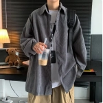 Trendy Grey Long Sleeve Corduroy Jacket For Men Casual Loose-fit Vintage Shirt Korean Style Fashion Clothing