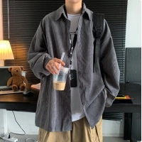 Trendy Grey Long Sleeve Corduroy Jacket For Men Casual Loose-fit Vintage Shirt Korean Style Fashion Clothing