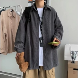 Trendy Grey Long Sleeve Corduroy Jacket For Men Casual Loose-fit Vintage Shirt Korean Style Fashion Clothing