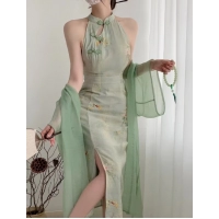 Print French Vintage Two Piece Set Women Elegant Sweet Party Long Dress Suit Female Causal Cardigan + Korean Fashion Dress