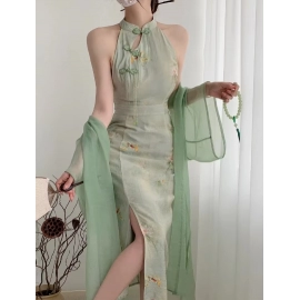 Print French Vintage Two Piece Set Women Elegant Sweet Party Long Dress Suit Female Causal Cardigan + Korean Fashion Dress