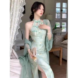 Print French Vintage Two Piece Set Women Elegant Sweet Party Long Dress Suit Female Causal Cardigan + Korean Fashion Dress