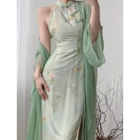 Print French Vintage Two Piece Set Women Elegant Sweet Party Long Dress Suit Female Causal Cardigan + Korean Fashion Dress