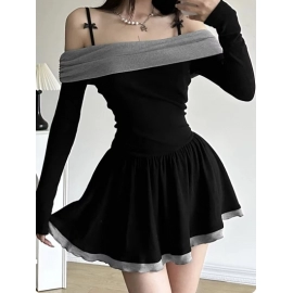 IAMSURE Elegant Fashion Contrast Color Patchwork A-Line Dress Slim Slash Neck Long Sleeve Mini Dresses For Women