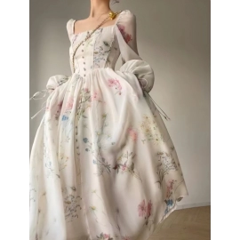 French Vinatge Evening Party Long Dresses for Women Floral A-line Princess Dress Lantern Sleeve Spring Summer Prom Robe Vestidos