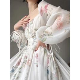French Vinatge Evening Party Long Dresses for Women Floral A-line Princess Dress Lantern Sleeve Spring Summer Prom Robe Vestidos