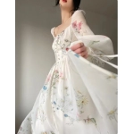 French Vinatge Evening Party Long Dresses for Women Floral A-line Princess Dress Lantern Sleeve Spring Summer Prom Robe Vestidos