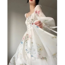 French Vinatge Evening Party Long Dresses for Women Floral A-line Princess Dress Lantern Sleeve Spring Summer Prom Robe Vestidos