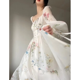 French Vinatge Evening Party Long Dresses for Women Floral A-line Princess Dress Lantern Sleeve Spring Summer Prom Robe Vestidos